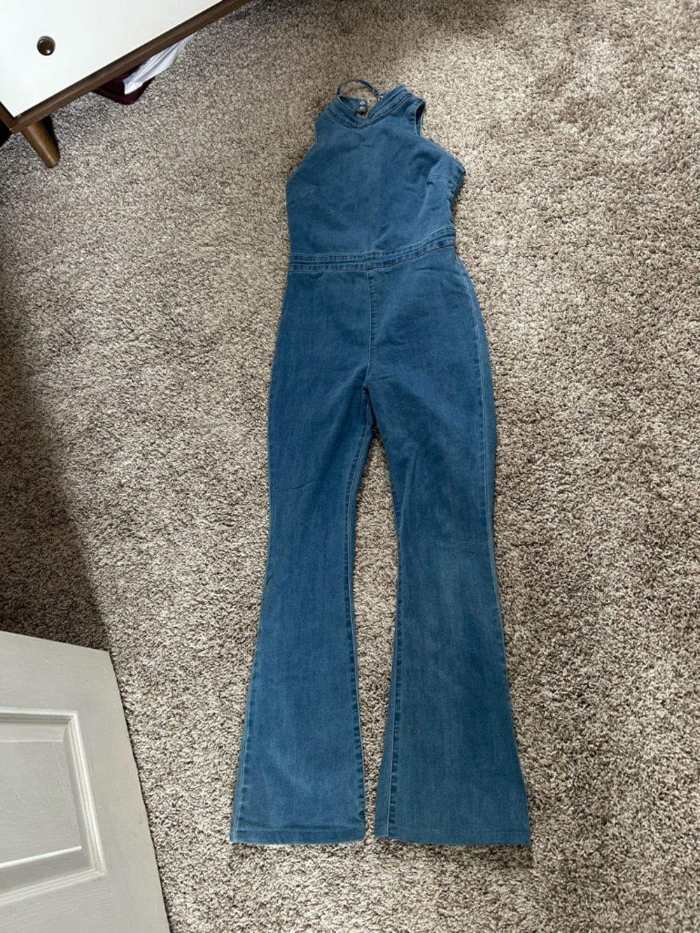 Backless Blue Denim Jumpsuit with Flared Legs